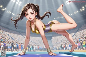 A woman in a white and gold outfit standing on a basketball court.