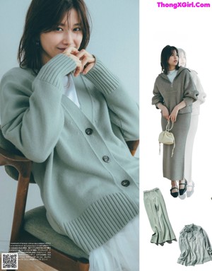 A woman in a purple sweater and white pants posing for a magazine.