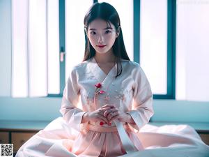 A woman in a white and pink hanbok sitting on a red chair.