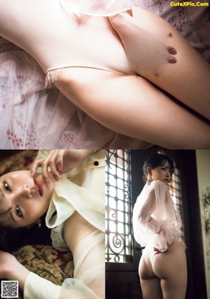 A woman in a white lingerie laying on a bed.