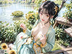 A woman in a kimono sitting on a bed.